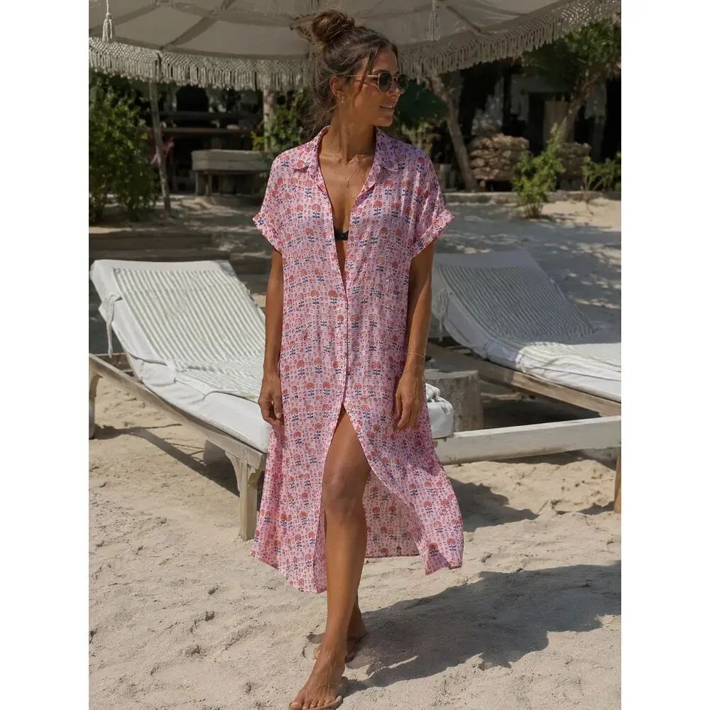 Citrine Floral Coral Block Shirt Dress Sz. S